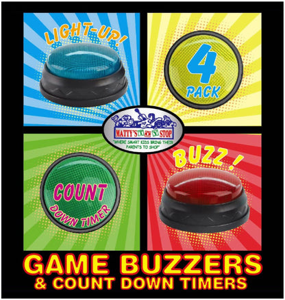 Matty's Toy Stop Game Show Buzzers for Kids & Adults – 4 Pack Answer Buzzers with Lights & Sounds, 3 Game Modes, Classroom Learning, Trivia Nights, Family Game Night, Homeschool Supplies
