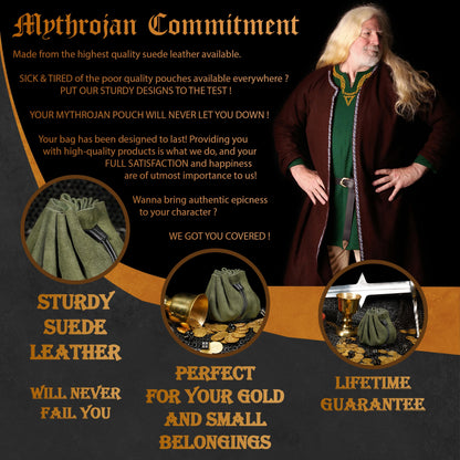 Mythrojan medieval leather pouch suede drawstring belt bag for larp, viking, renaissance cosplay, coin & jewelry waist purse- dark green, 4.9" x3.5"