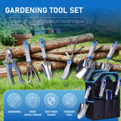 8-Piece Gardening Tools Set, Rust-Proof Stainless Steel Garden Tool with Ergonomic Handles, Ideal Gardening Gifts Set for Women Men, Includes Storage Bag, Gloves, Pruner, and Weeder
