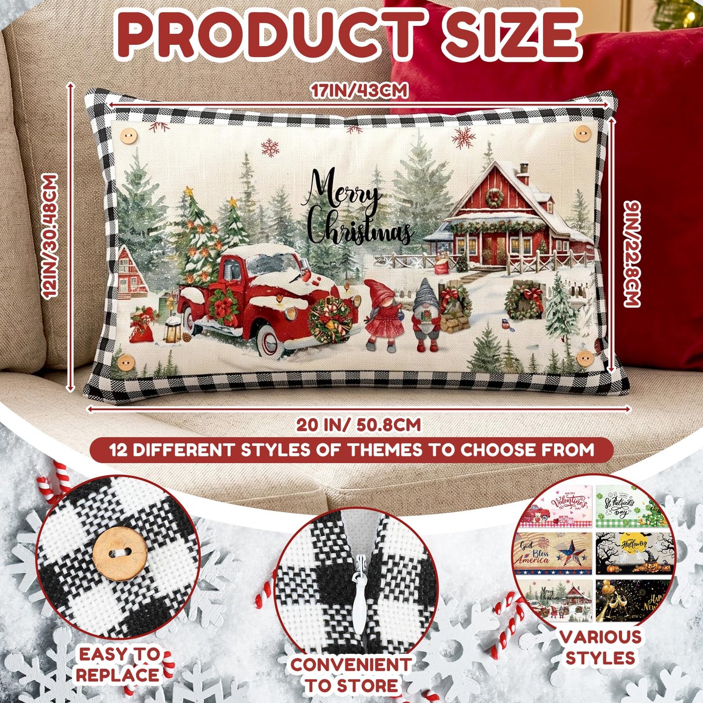 Chicplaid 4th of July Throw Pillow Cover Set 12 x 20 Inch Rectangle Seasonal Holiday Plaid Pillowcase with 12 Interchangeable Pillow Panels Patriotic Lumbar Cushion Cover for Home Decor(Classic)