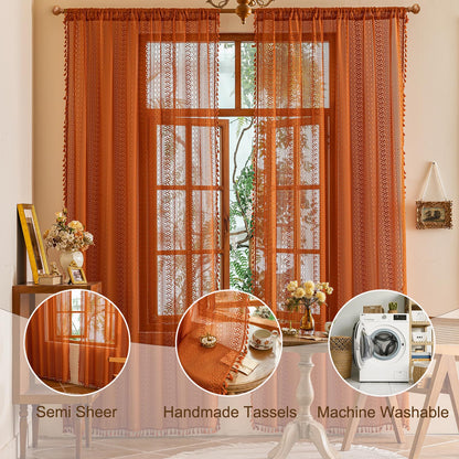 Sutuo Home Terracotta Boho Lace Curtains 2 Panels 84 Inches Long for Living Room&Bedroom, Burnt Orange Crochet Privacy Farmhouse Vintage Tassels Retro Halloween Window Sheer Curtains Rod Pocket,50" W