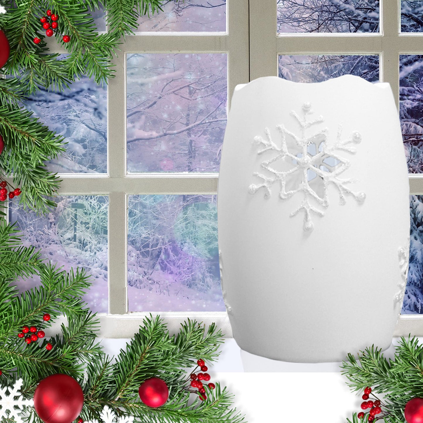 Lighted Snowflake Candle Holder – White Frosted Glass Christmas Decoration, 5" H x 3.5" D Winter Snowflake Table Décor, LED Holiday Candle Holder for Mantel, Shelf, Centerpiece Home Accent Gift