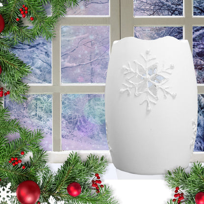 Lighted Snowflake Candle Holder – White Frosted Glass Christmas Decoration, 5" H x 3.5" D Winter Snowflake Table Décor, LED Holiday Candle Holder for Mantel, Shelf, Centerpiece Home Accent Gift