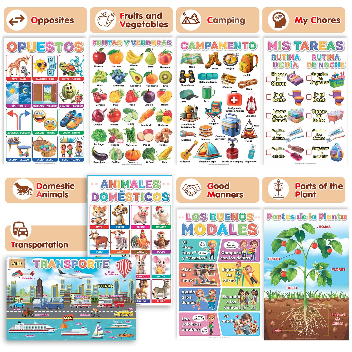DeeDee's Workshop 16 Spanish Classroom Posters vol. 2, Spanish Learning for Kids, Spanish Classroom Decorations