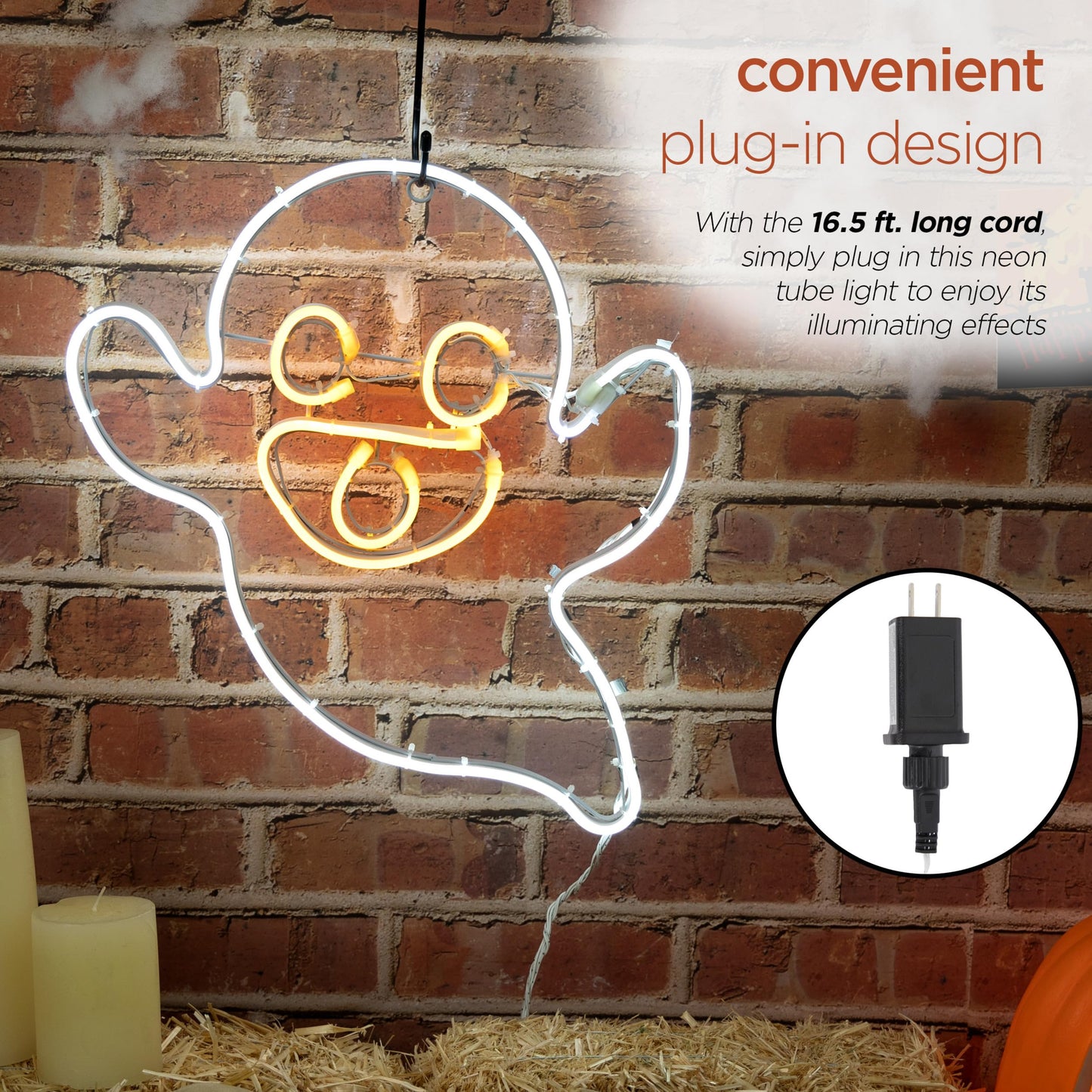 Alpine Corporation 17" Indoor/Outdoor Neon Tube Ghost Lights Decor with Flashing Mouth LED Lights, Hanging Decor