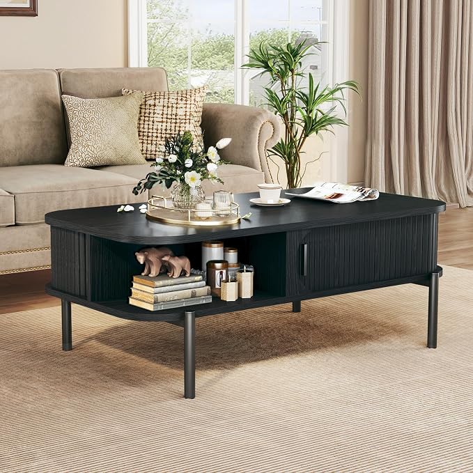 Coffee Table, 39.4" Mid Century Modern Coffee Tables for Living Room, Coffee Table with Storage Open Shelf, Fluted Table with Sliding Cabinet Door, 2-Tier Rustic Wood Desktop, Black