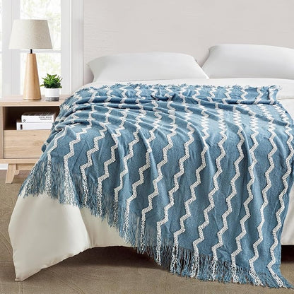 BOURINA Fluffy Chenille Knitted Fringe Throw Blanket Lightweight Soft Cozy for Bed Sofa Chair Throw Blankets, Blue 50" x 60"