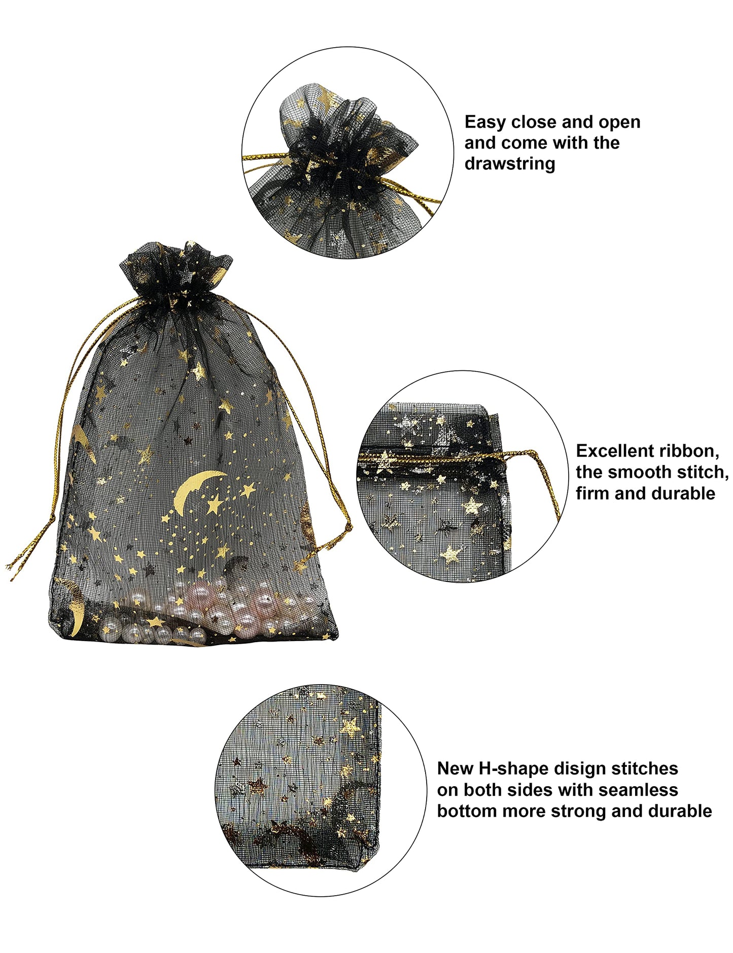 Jexila 100PCS Black Organza Gift Bags 4X6 Small Mesh Bags Drawstring Jewelry Pouch Halloween Goodie Treat Bag Moon Star for Birthday Party Favor Candy Bag