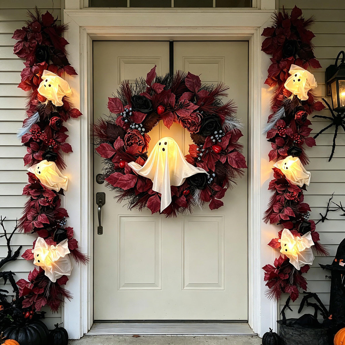 HipTree 6 FT Gothic Halloween Garland with Light-Up Cute White Ghosts, Spooky Fall Eucalyptus Garland with Burgundy Leaves & Pampas Grass for Mantle Fireplace Staircase Indoor Outdoor