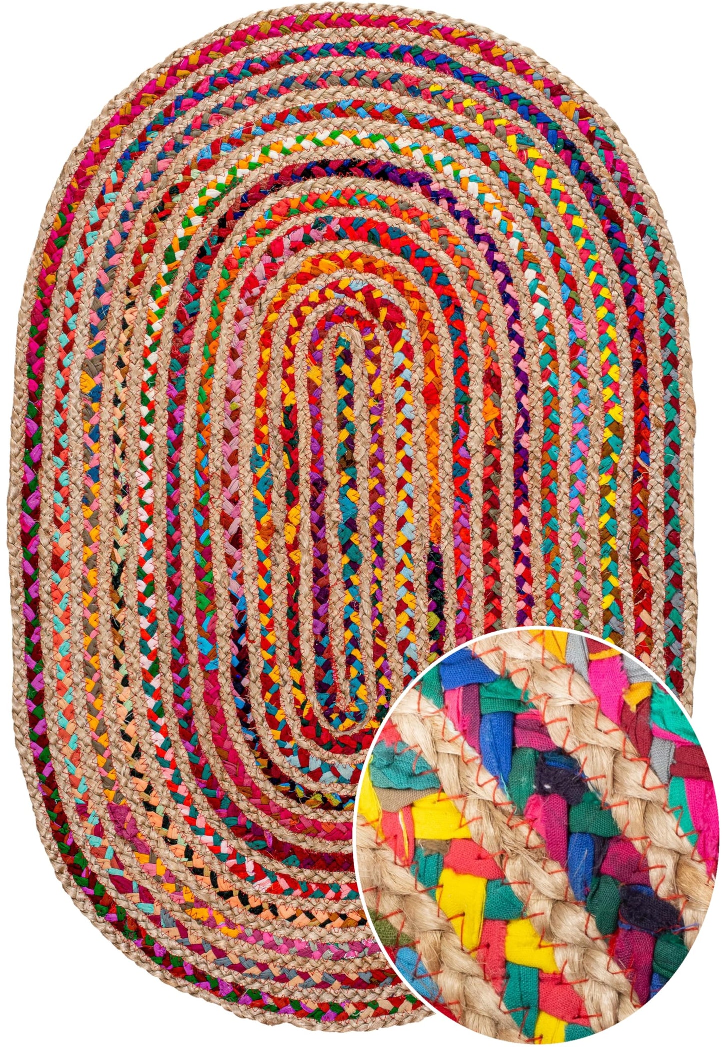 Savi Home Farmhouse Jute Cotton Chindi Rug 4x6 Oval Multicolor, Handwoven Braided Area Rug for Living Room, Kitchen, Entryway & Bathroom