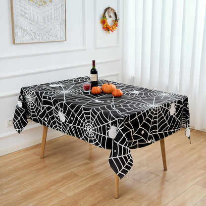 VEDACHIC Halloween 52x70 Tablecloth Rectangular Black Spider Web Table Cloth - Oblong Polyester Cobweb Black Halloween Table Cover Washable Waterproof for Party Picnic Kitchen Indoor Outdoor Décor