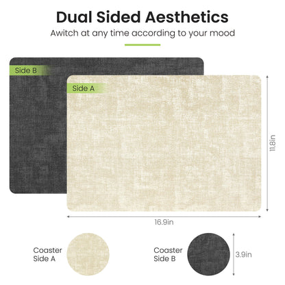 Fyvva Placemats Set of 6, Faux Leather Heat Resistant Wipeable Placemats, Dual Sided Waterproof Washable Table Mats with Coaster, Suitable for Kitchen, Dining, Table Decor (6, Black Beige)