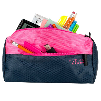 Five Star Pencil Pouch, Pen Case, 9-Pocket Zipper Pouch, Storage Organizer for School Supplies Earbuds Chargers Cables Makeup, Navy/Pink (505600B-ECM)