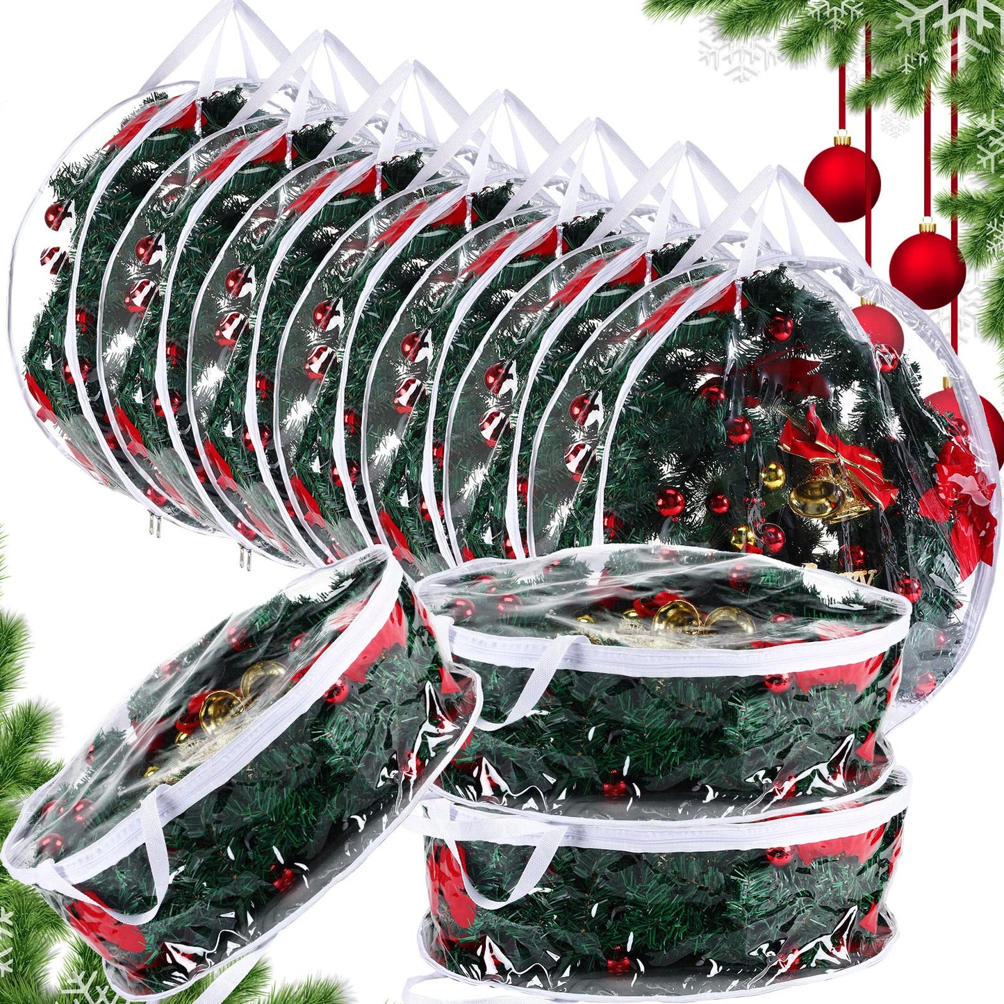 Zhengmy 10 Pcs 30 Inch Christmas Wreath Storage Bags Transparent Wreath Storage Container Bulk Wreaths Box with Dual Zippers and Handles for Xmas Holiday Wreaths Garland