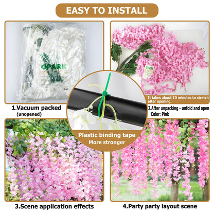 GPARK 12 Pieces/Each 45 inch / 3.7 ft Wisteria Artificial Flower Bushy Silk Vine Ratta Hanging Garland Hanging for Wedding Party Garden Outdoor Greenery Office Wall Decoration Pink