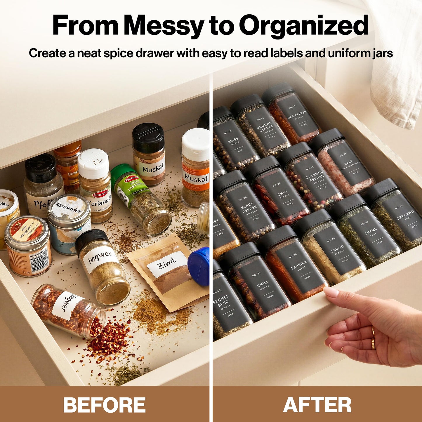 EDELHAUS Square Glass Spice Jars with Label and Black Rotating Lids (24 x 4oz) Spice Containers with 240 Labels, Shaker Inserts, Silicone Funnel, Empty Square Empty Square Seasoning Organizer