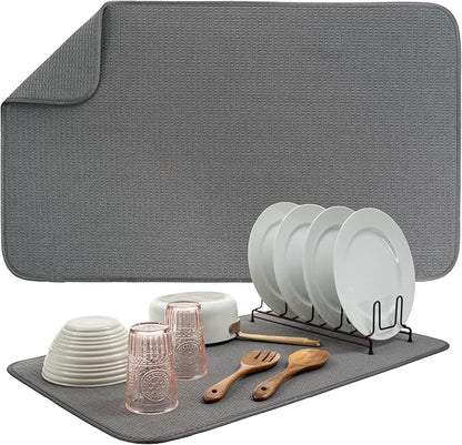 S&T INC. Dish Drying Mat Jumbo, 18” x 30”, Absorbent Microfiber Kitchen Counter Mat, Dish Drying Pad for Dishes, Utensils, Pots and Pans, Jumbo, Charcoal