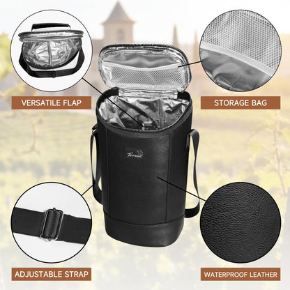 Tirrinia 2 Bottle Wine Carrier Bag, Insulated Wine Tote Cooler Bag with Shoulder Strap, for Travel, Picnic, BYOB & Christmas - Perfect Gift for Wine Lovers, Black
