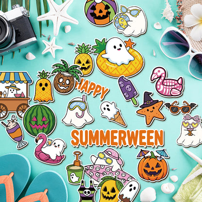 Eartim Summerween Spooky Fridge Magnet - 25Pcs Cartoon Summer Fruit Ice Cream Pumpkin Ghost Refrigerator Magnetic Sticker for Summer Theme Kids Birthday Party Refrigerator Class Bulletin Board Decor