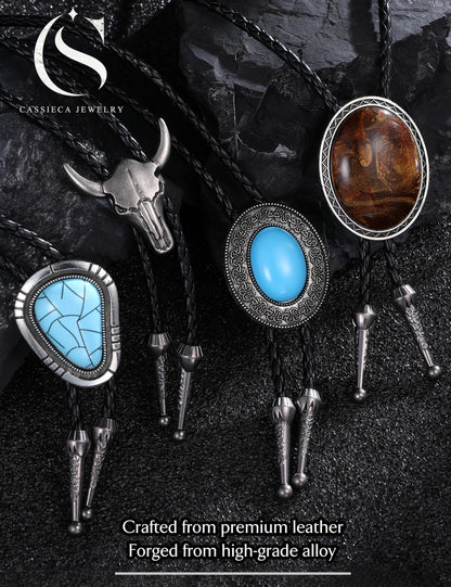 CASSIECA 4Pcs Handmade Bolo Tie for Men Western Cowboy Leather Necktie Halloween Costume Accessories for Men Women