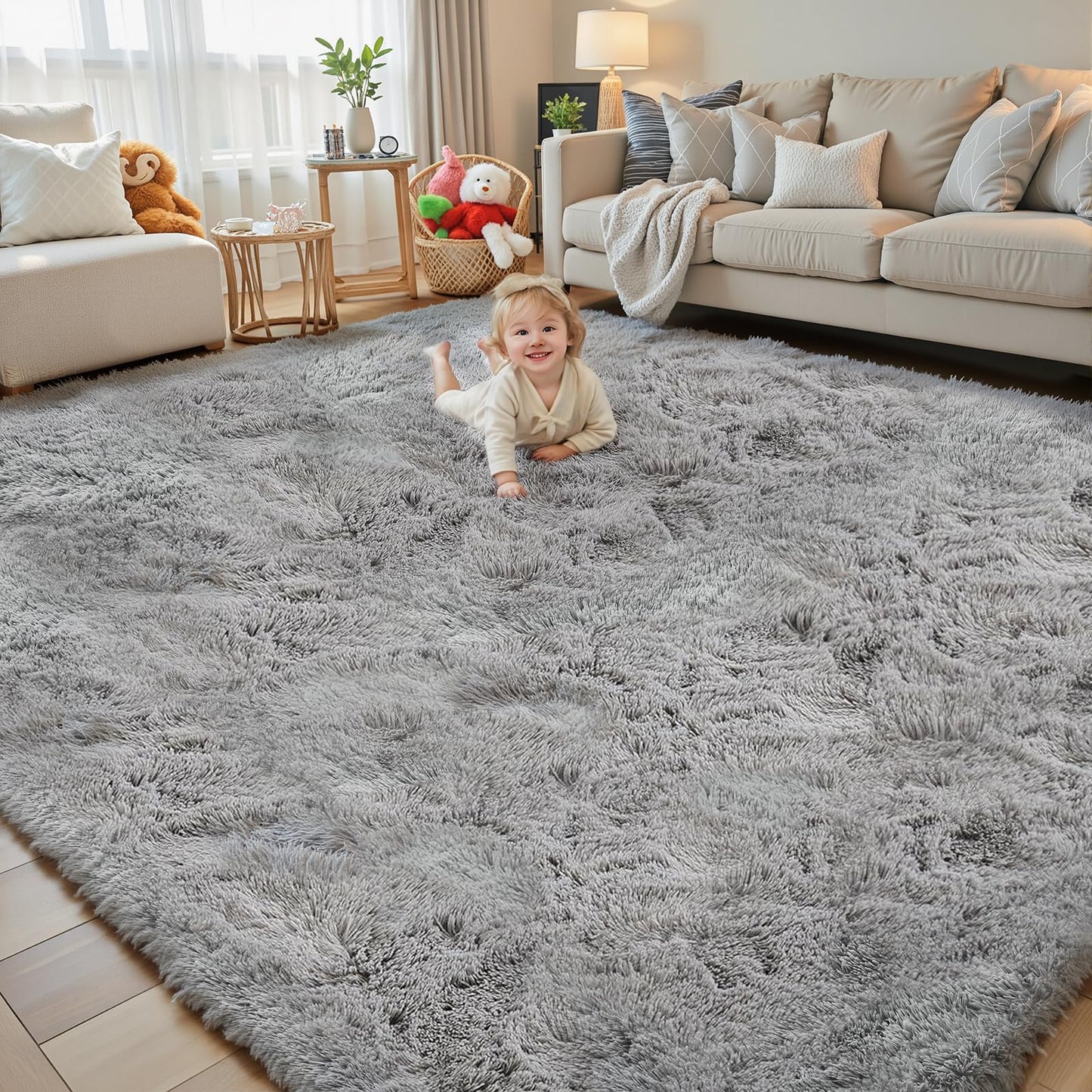 junhejiamei 8x10 Area Rugs for Living Room Bedroom Rug, Large Shaggy Soft Plush Furry Bedside Rug, Area Rugs for Home Decor (Light Grey, 8x10 Feet)