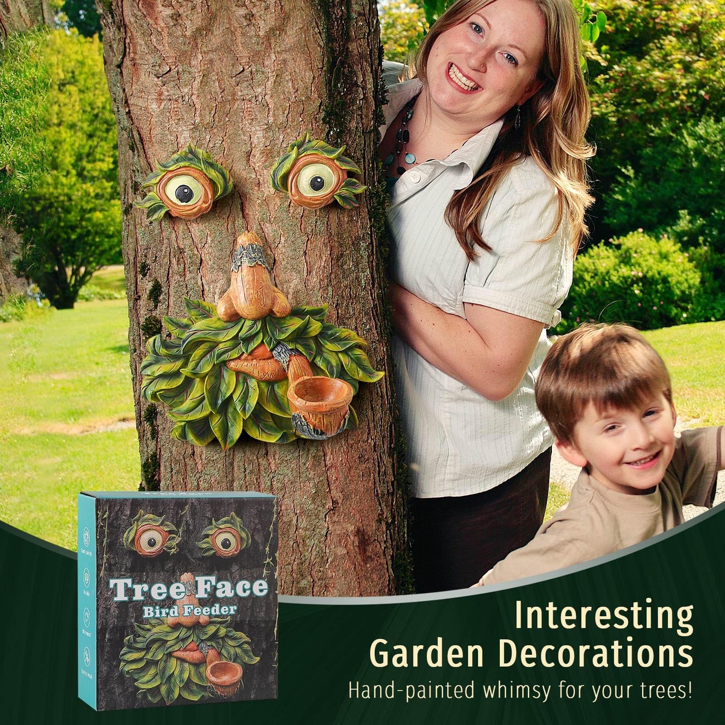 Flytime Tree Face Decor Outdoor,Whimsical Outdoor Art with Bird Feeder,Tree Hugger Bark Ghost Face Decoration Funny Yard Art,Garden Creative Decoration (8 INCH)