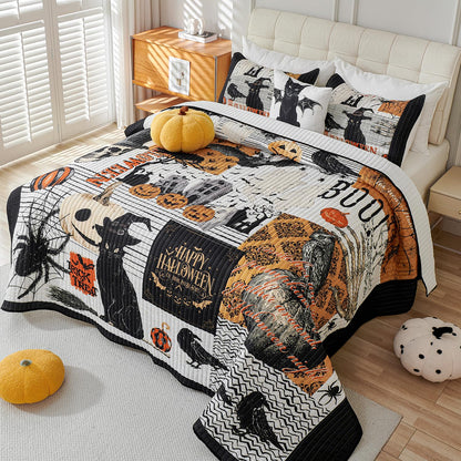 EVENHUG Halloween Theme King Size Quilt Bedding Set with 3 Pillow Shams Lightweight Soft Bedspread Coverlet Halloween Holiday Bed Cover for Bedroom Home Decoration (4 Pieces)