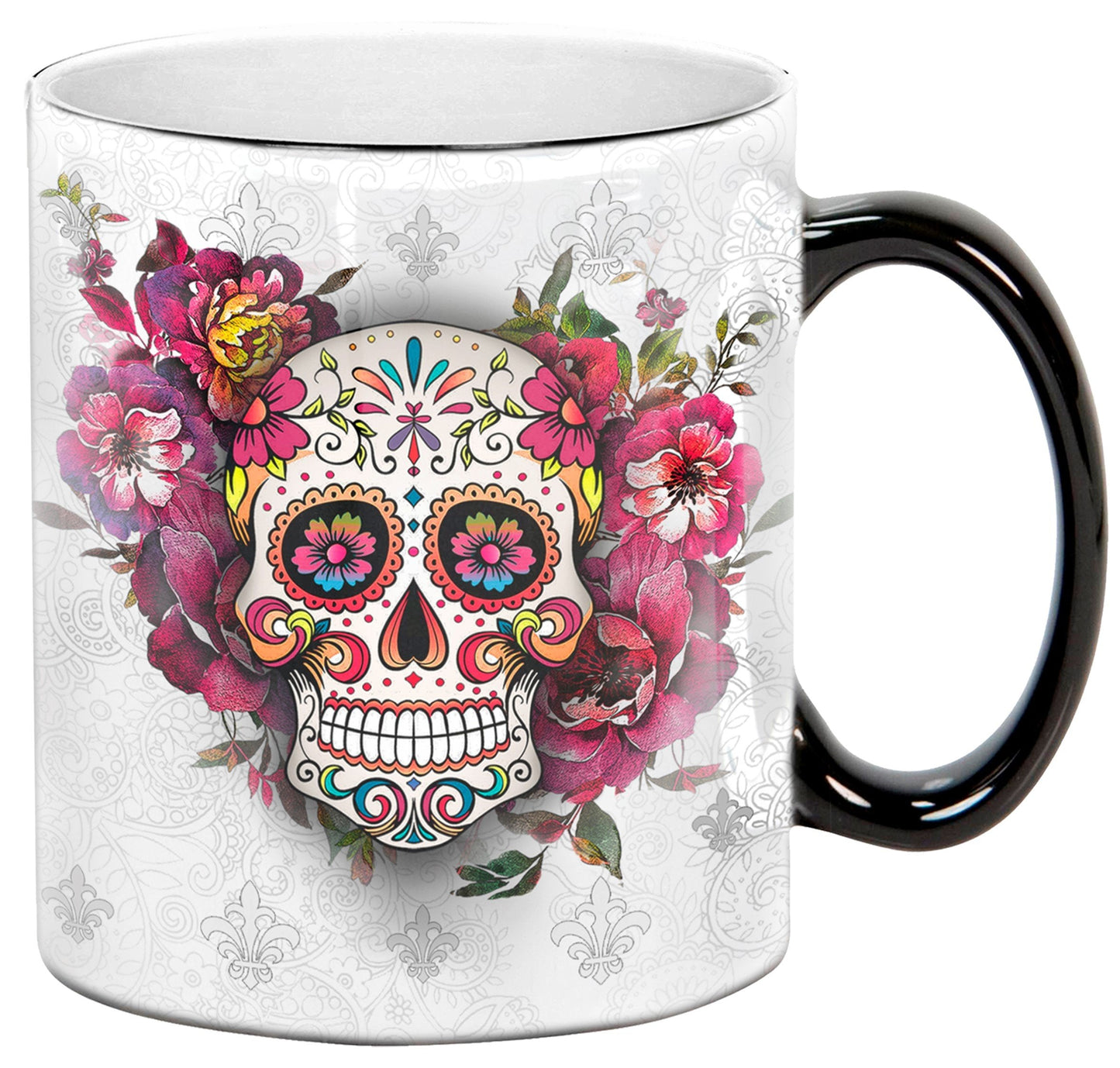 Sweet Gisele | Sugar Skull Mug | Heat Activated | Color Changing Coffee Cup | Floral Pattern Ceramic | Reveals Vivid Colors | Great Novelty Gift | White | 11 Fl. Oz
