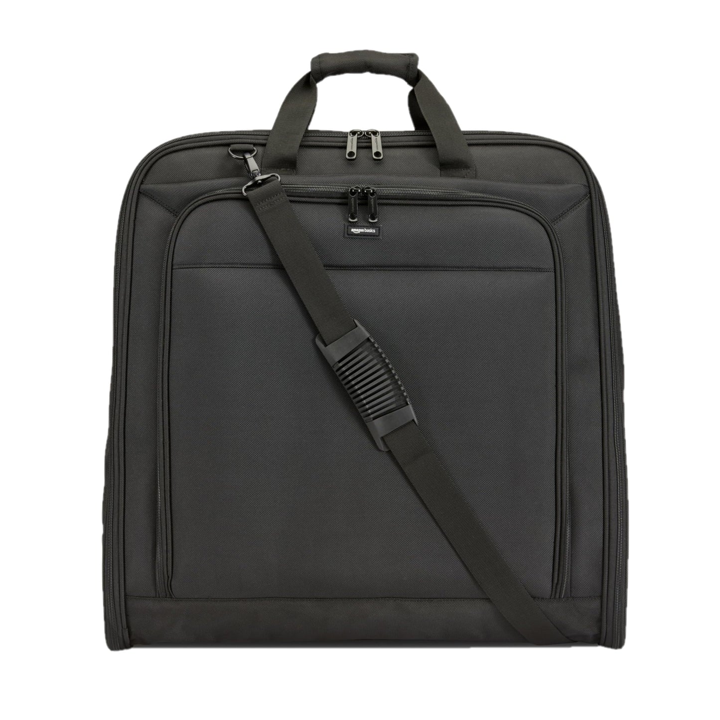 Amazon Basics 46" Premium Garment Bag for Travel, Suit Bag with Shoulder Strap for Suits and Dresses, 1680D Polyester Fabric, Exterior/Interior Pockets, Leather-reinforced Corners, Trifold, Black