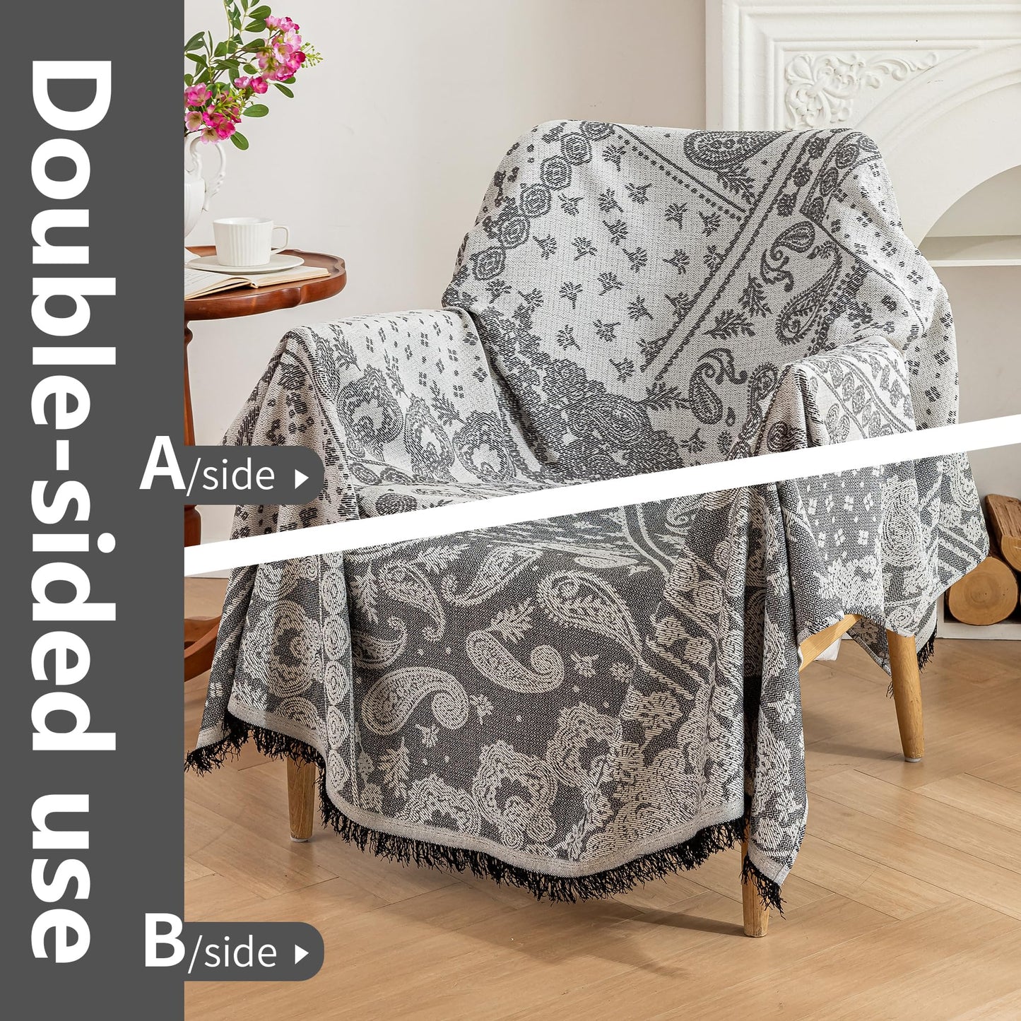 UWWGKK 71"x150" Boho Couch Cover Black, Reversible Faux Linen Jumbo Throw Blanket for U-Shaped Sectional & 4-5 Seater Sofa, Pet-Friendly Slipcover with Tassels for Living Room, Vintage Chevron