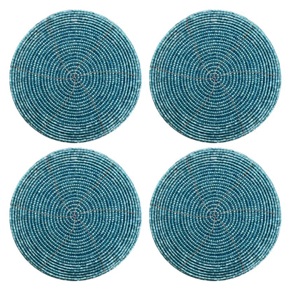 Handmade Beaded Bar Drink Tabletop Protection Coasters - Set of 4 - Halloween Harvest Autumn Fall Thanksgiving Holiday Christmas Xmas Celebration Festive Party 4" Round - Teal