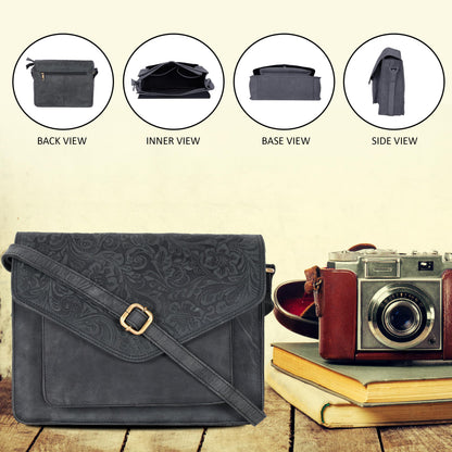 Leather Flapover Crossbody Handbag Purse for Women with Adjustable Strap & Overflap Snap Closure Tote/Bag (E.Black Hunter)