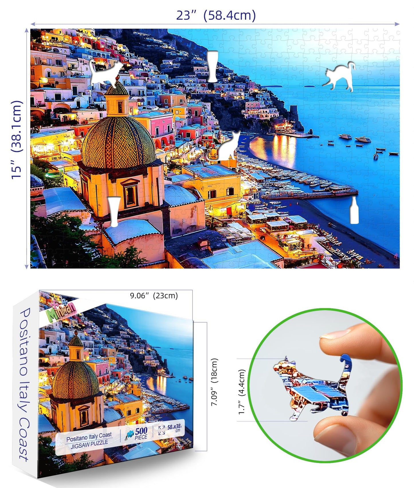 MINIWAN 500 Piece Jigsaw Puzzles for Adults & Seniors - Positano Italy Coast Landscape Puzzle, 23"x15" Adult Puzzle with Letters on Back, Unique Shaped Pieces, Home Decor & Gift