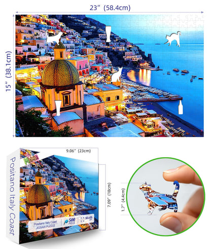 MINIWAN 500 Piece Jigsaw Puzzles for Adults & Seniors - Positano Italy Coast Landscape Puzzle, 23"x15" Adult Puzzle with Letters on Back, Unique Shaped Pieces, Home Decor & Gift