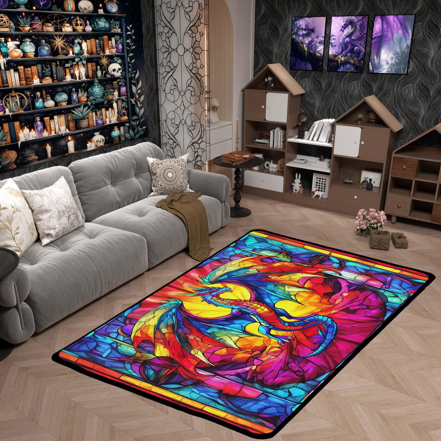 Flying Dragon Kids Area Rug,Western Wing Dragon Gothic Halloween Mats Rugs for Boys Girls,Geometric Abstract Modern Bath Carpets,Rainbow Retro Bath Rugs,Absorbent Floor Mats,5'x6'6''