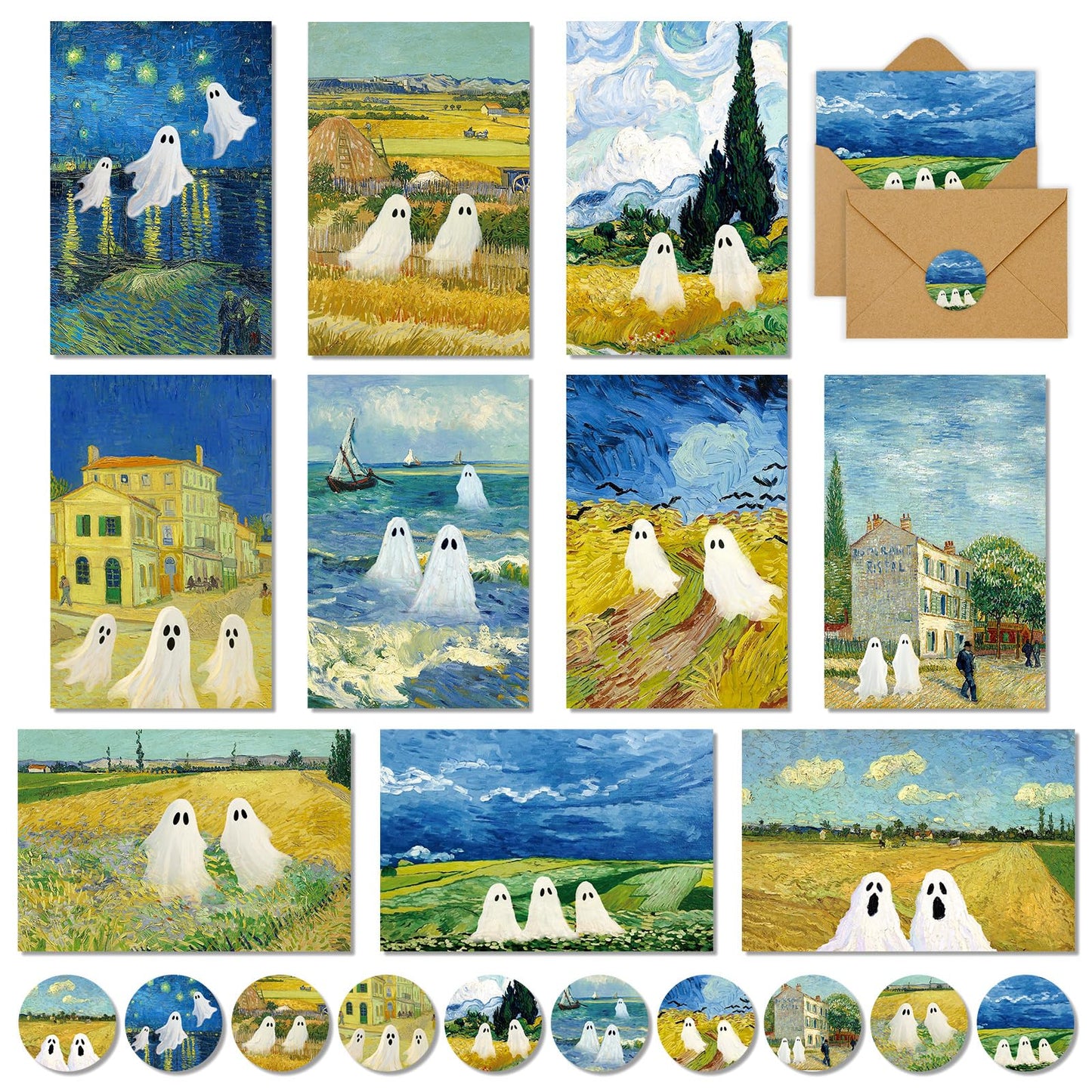 Whaline 50 Pack Halloween Cards Cute Ghost Greeting Cards with Envelopes Stickers Glue Stick Blank Note Card for Party Invitations, 4 x 6 Inch