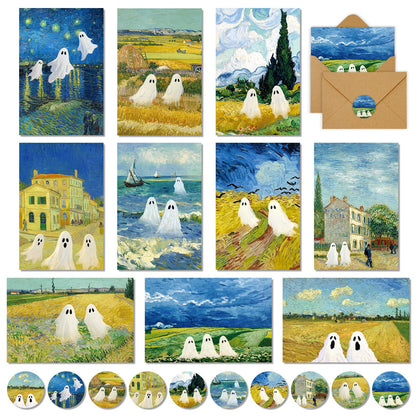 Whaline 50 Pack Halloween Cards Cute Ghost Greeting Cards with Envelopes Stickers Glue Stick Blank Note Card for Party Invitations, 4 x 6 Inch