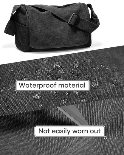VENATIN Vintage Canvas Messenger Bag for Men & Women, Large Crossbody Shoulder Bag Leisure Shoulder Sling Bags Handbag for Travel, Business Bookbag Fits 15.6 inch Laptop, Black