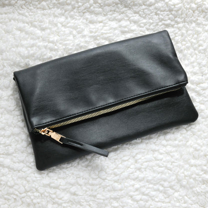 Women's Zipper Foldover Clutch Vegan Leather Envelope Cross body Bag with Chain Strap (Black)