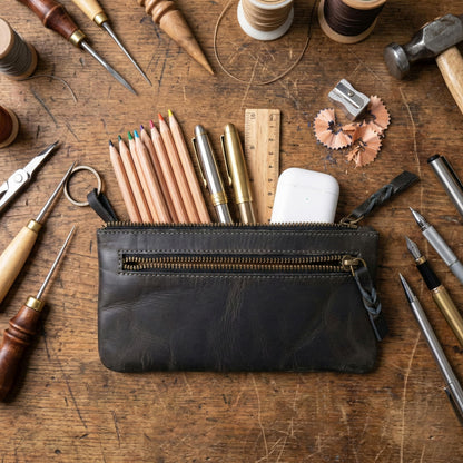 LEATHER TOWN Leather Pencil Case Pouch 8" x 4" - Leather Pen Case with Zipper (Black)