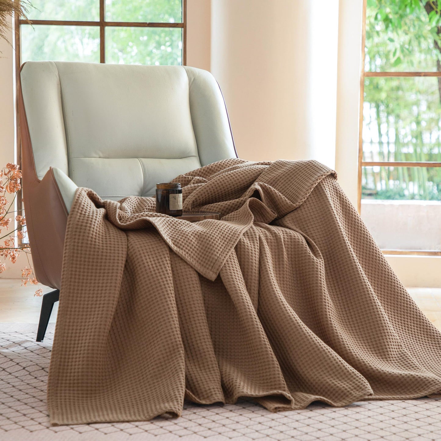Simple&Opulence 100% Cotton Waffle Weave Throw Blanket 40"x50", Soft Lightweight Breathable Cozy Washed, Layer Blanket for Couch Bed Sofa, Farmhouse Home Decor for Adults All-Season, Light Brown