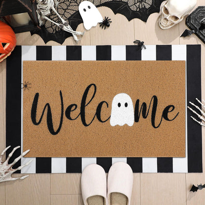 Tinideya 2 Pcs Door Mat Welcome Non Slip Coir Mats Floor Layering Doormats Seasonal for Front Porch Entryway Decor(White Ghost)