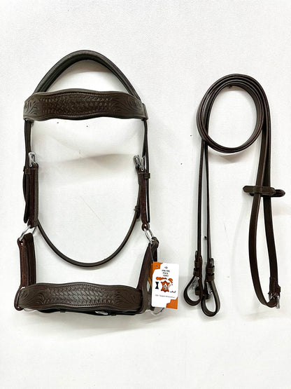 AMAZING HORSE STUFF Sidepull Bitless Bridle with Designer Hand Carving On Brow & Noseband Curved Shaped Brown (Full, Cob, Pony) (Pony)
