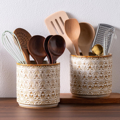Noevany Utensil Holder Rustic Farmhouse Ceramic Utensil Crock for Countertop - 5.3" Handcrafted Kitchen Cooking Utensil Crocks with Cork Base, Natural Finish for Kitchen Tools Storage