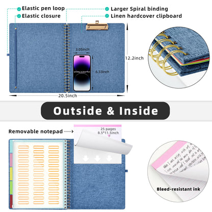 Ospelelf Foldable Spiral Clipboard Folio with Storage Zipper Pouch, 5 Plastic Folders with 10 Pockets, Refillable Lined Notepad (11" x 8.5"), Linen Hardcover Project Organizer(Haze Bule)