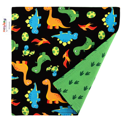 Funkins Reusable Cloth Napkins for Kids | 12”x12”, 2-Ply, Thick, Absorbent, Durable | Machine Washable | Name Tag | Soft Cotton Fabric | Set of 2 Napkins (Black Dinosaurs)