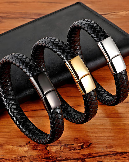 Deerllia Leather Bracelet for Men, Braided Cuff with Stainless Steel Clasp Stacked Multi Style Color Anniversary Father's Day Birthday Christmas Jewelry Gifts for Him, Black Clasp Brown Leather