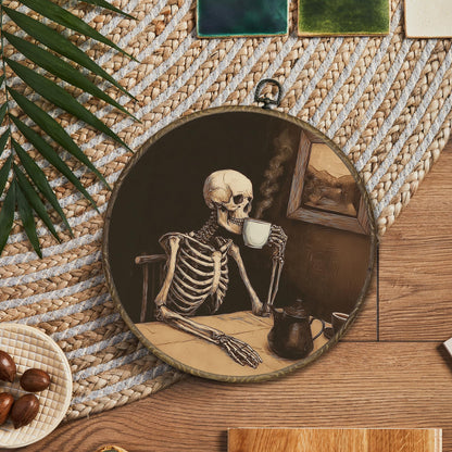 OINDADE Gothic Skull Coffee Round Wall Art Decor, Skeleton Halloween Wall Art Hanging Decor, Dark Moody Spooky Coffee Lover Framed Canvas Artwork for CoffeeBar Kitchen Living Room, 10x10in