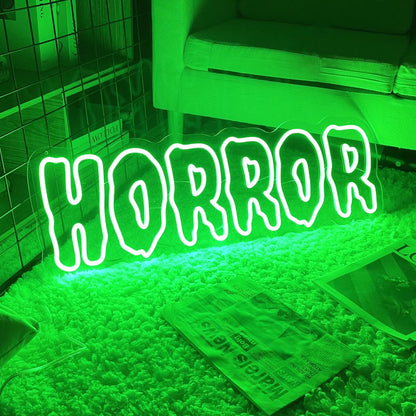 Horror Neon Sign – Green LED Wall Light for Halloween Party Decor, USB Powered Dimmable Gothic Accent for Bedroom or Spooky Room Setup, 16.5"×5.7"