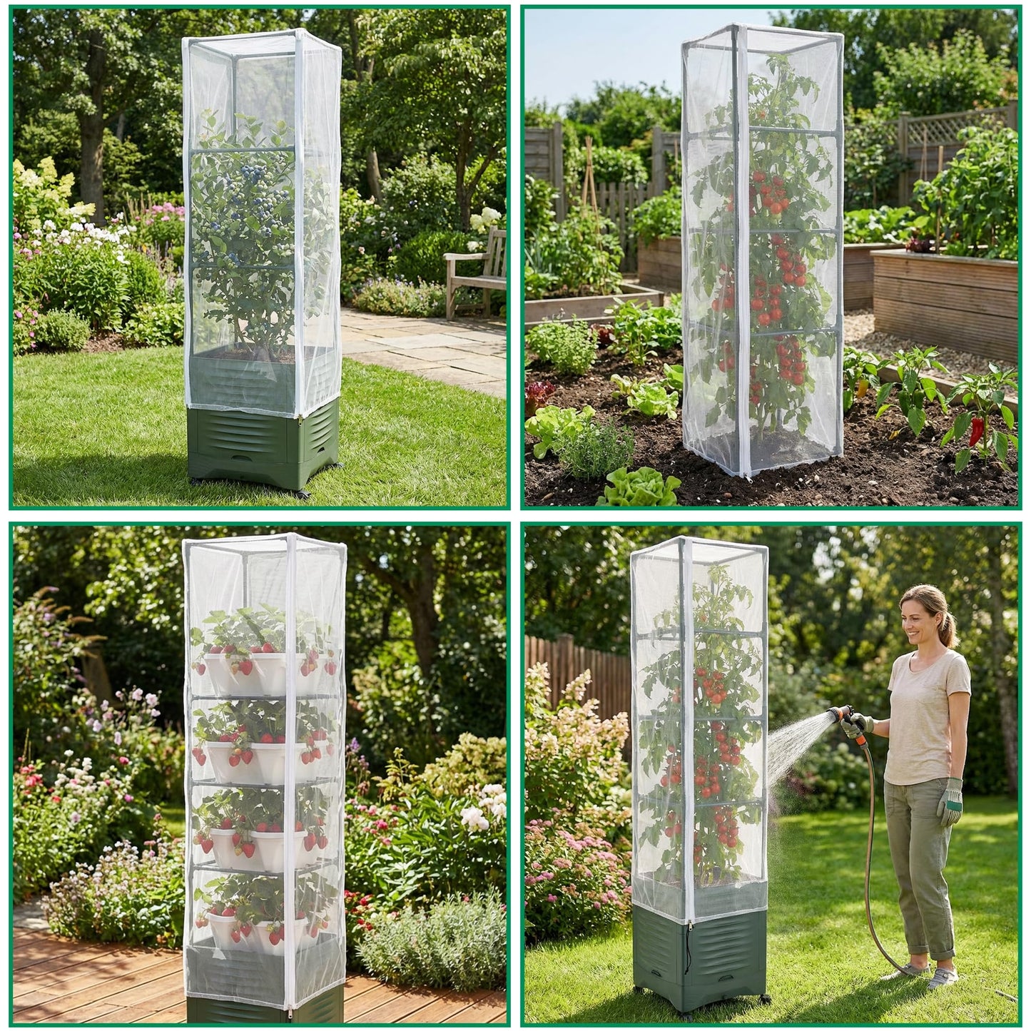 2 Pcs Garden Bird Netting Plant Cover for Square Tomato Cage, 59" x 17.7" Insect Bird Barrier Tomato Cage Net with Zipper & Drawstring, Tomato Trellis Netting Protection Cover for Protecting Plants